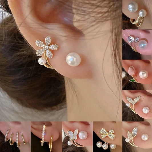 Korean Vintage Pearl Crystal Earrings For Women
